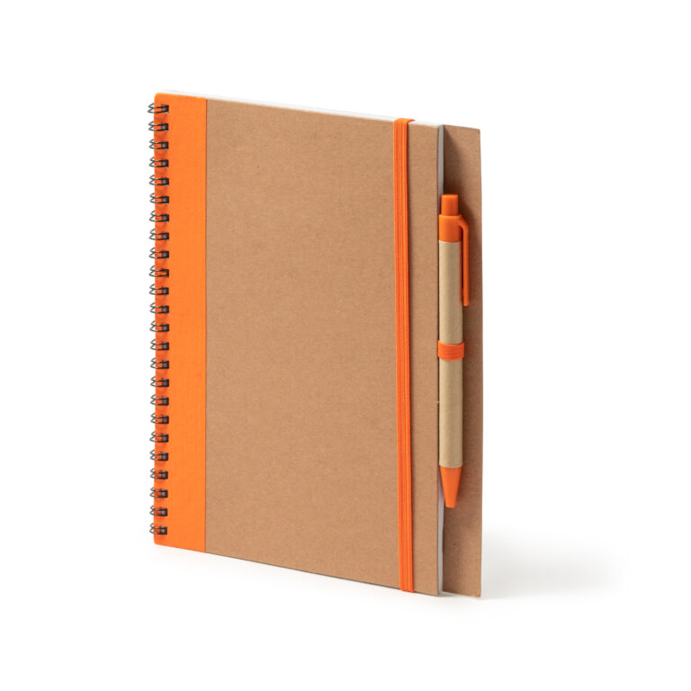 bloc naranja de cartón con boligrafo personalizado con tu logotipo