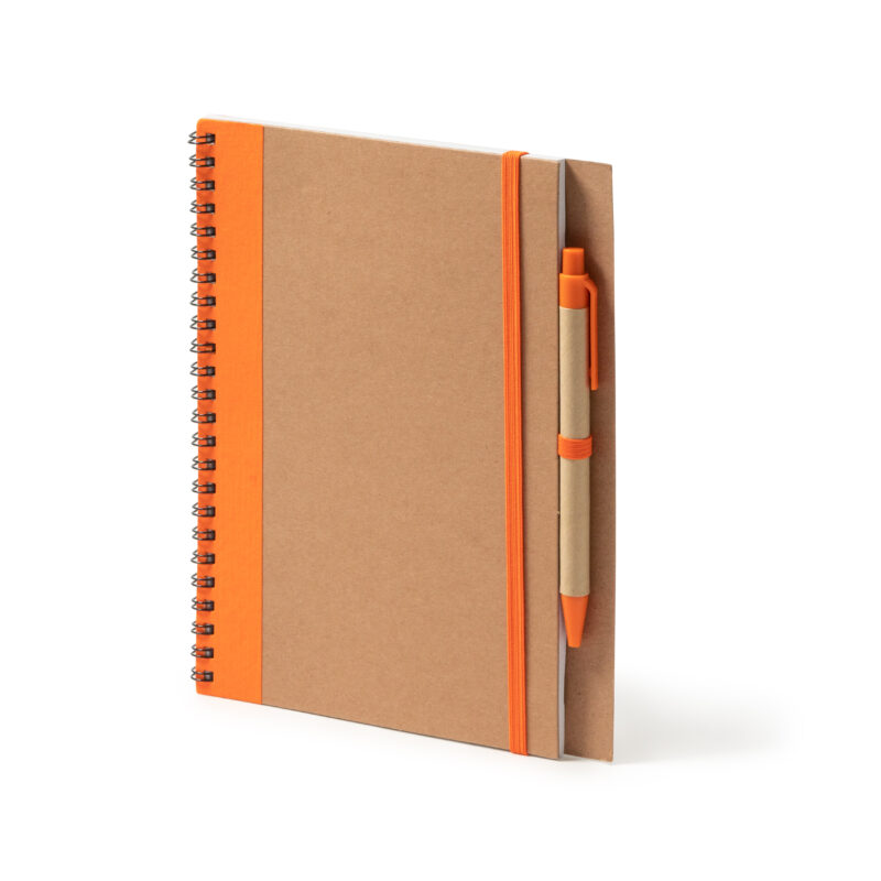 bloc naranja de cartón con boligrafo personalizado con tu logotipo